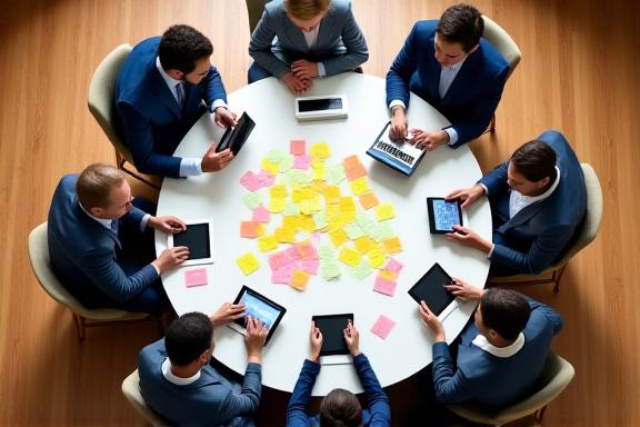 Team collaborating at a round table during a leadership workshop